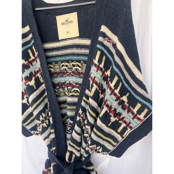 Hollister Navy Tribal Southwestern Belted Cardigan Vest Aztec Boho Western M/L - Picture 4 of 9